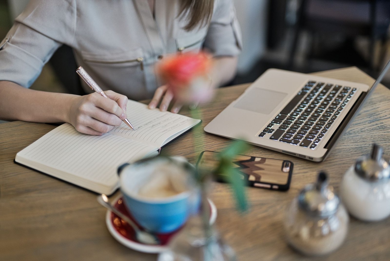 Notebook under a desk lamp